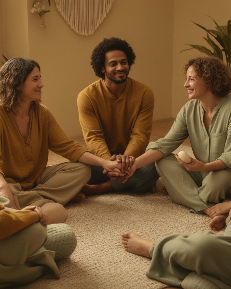 A small group sitting in a circle on the floor, talking and laughing together